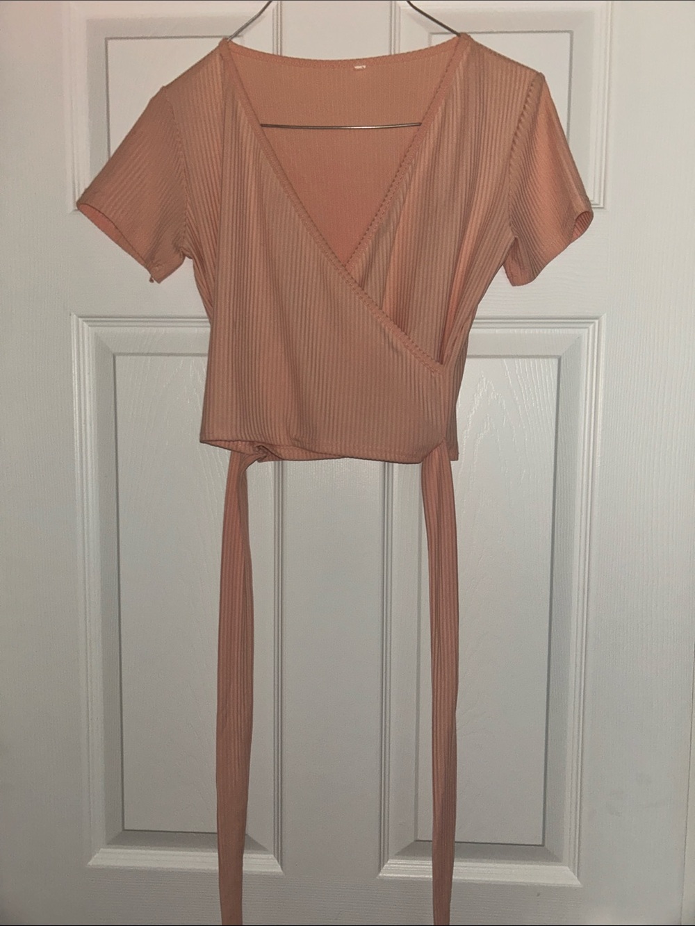 Women's Peach Wrap-Front Ribbed Crop Top